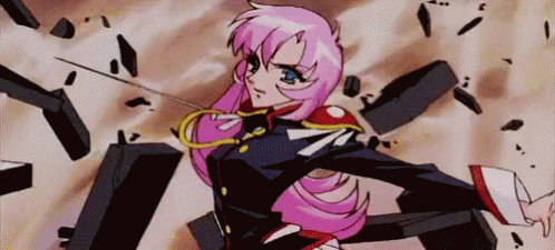 Utena (From Revolutionary Girl Utena) pulling a sword from the right side of her back to her face in her duelist outfit.
